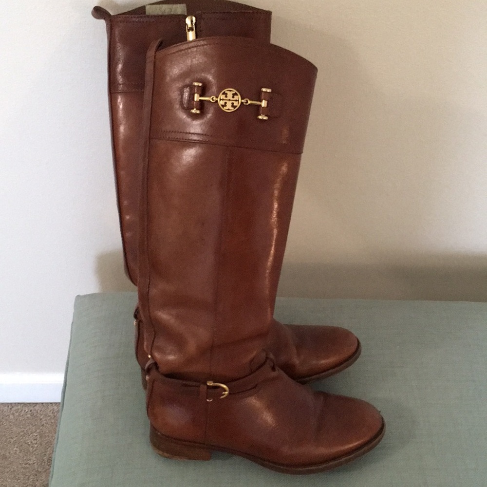 Tory Burch Brown Leather Riding Boots with Gold Hardware